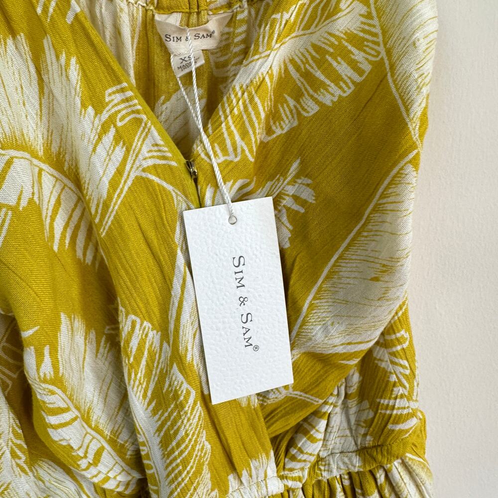 Sim & Sam Maxi Dress Boho Women’s XS Yellow Tropical Belted Surplice Neck Lined - Picture 10 of 12